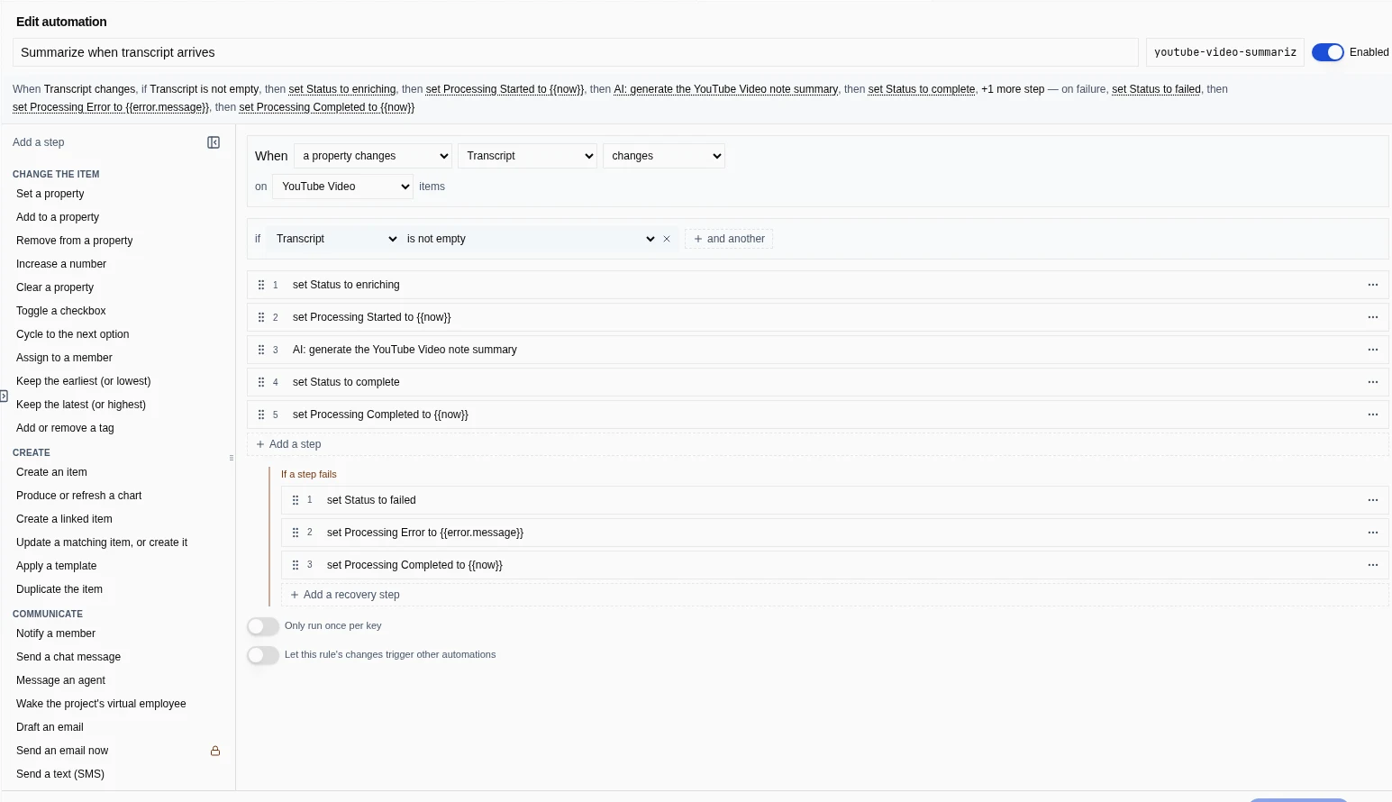 The real Tidy rule editor showing ordered actions and recovery steps.