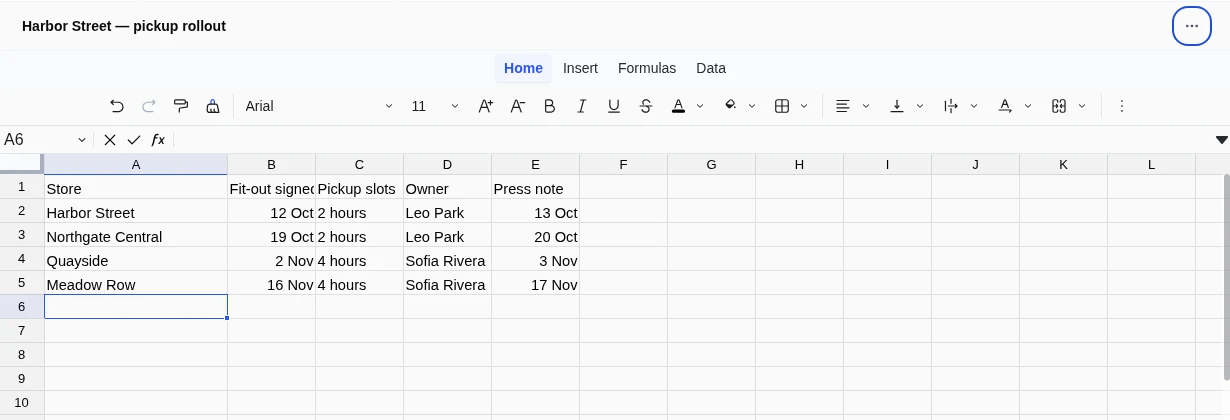 The real Tidy spreadsheet editor, with store dates and owners.