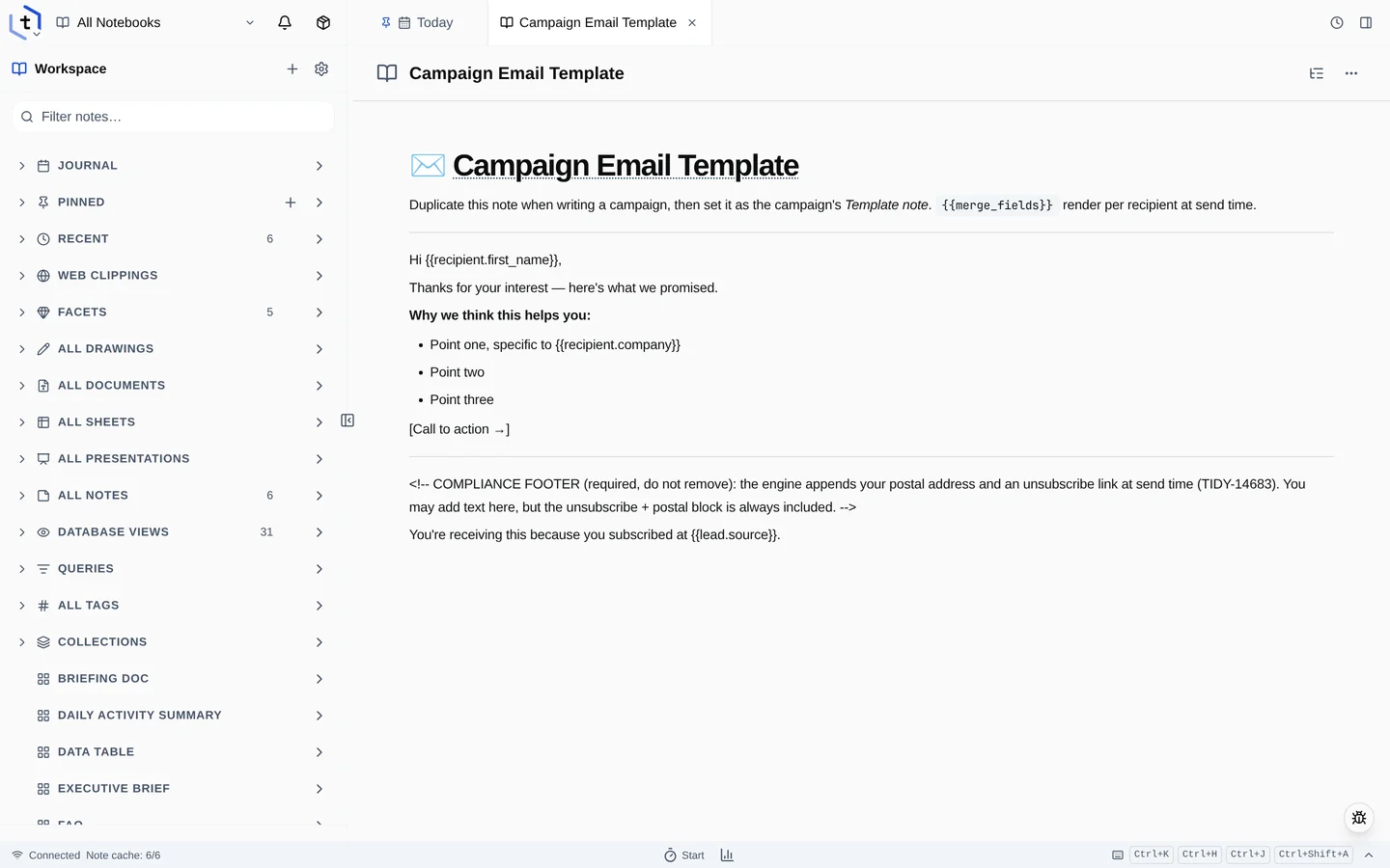 The Campaign Email Template note open in the editor, composed like any other note.