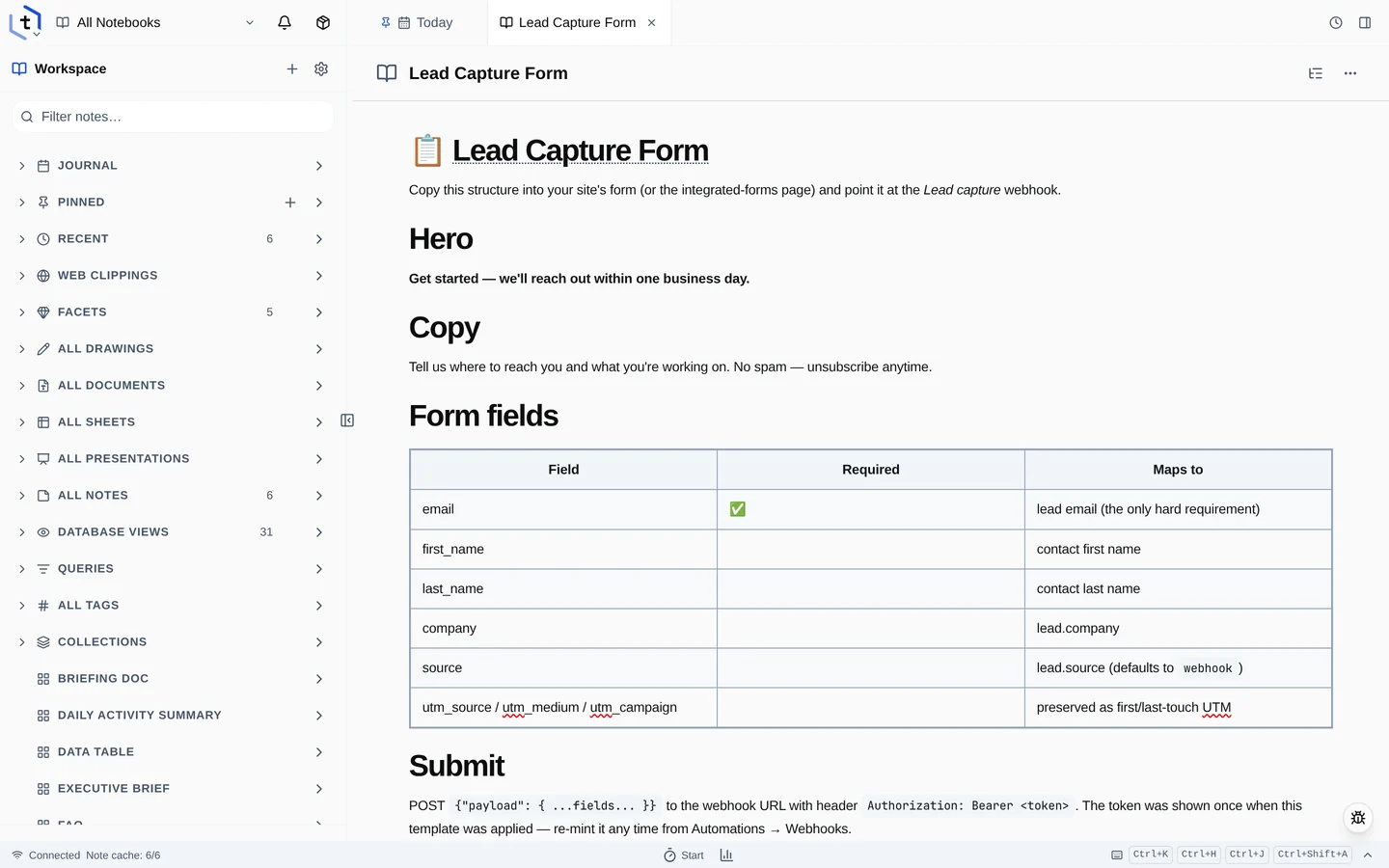 The Lead Capture Form note showing the capture webhook set-up.