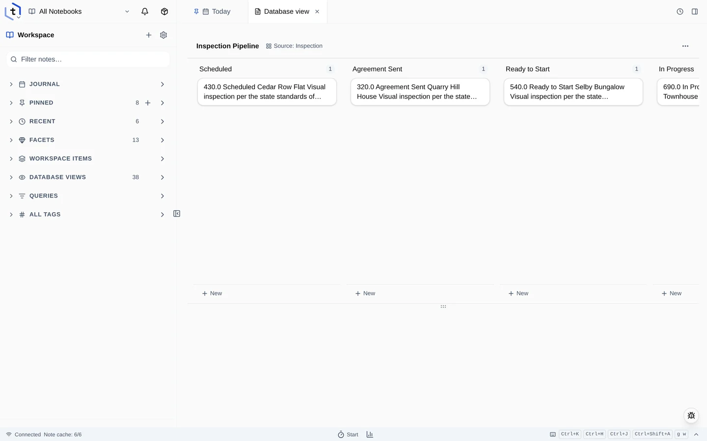 The Inspection Pipeline kanban with columns from Scheduled through In Progress and Report Drafting to Report Sent, holding job cards.