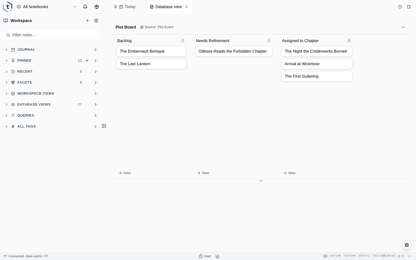The Plot Board kanban with Backlog, Needs Refinement and Assigned to Chapter columns holding named story beats.