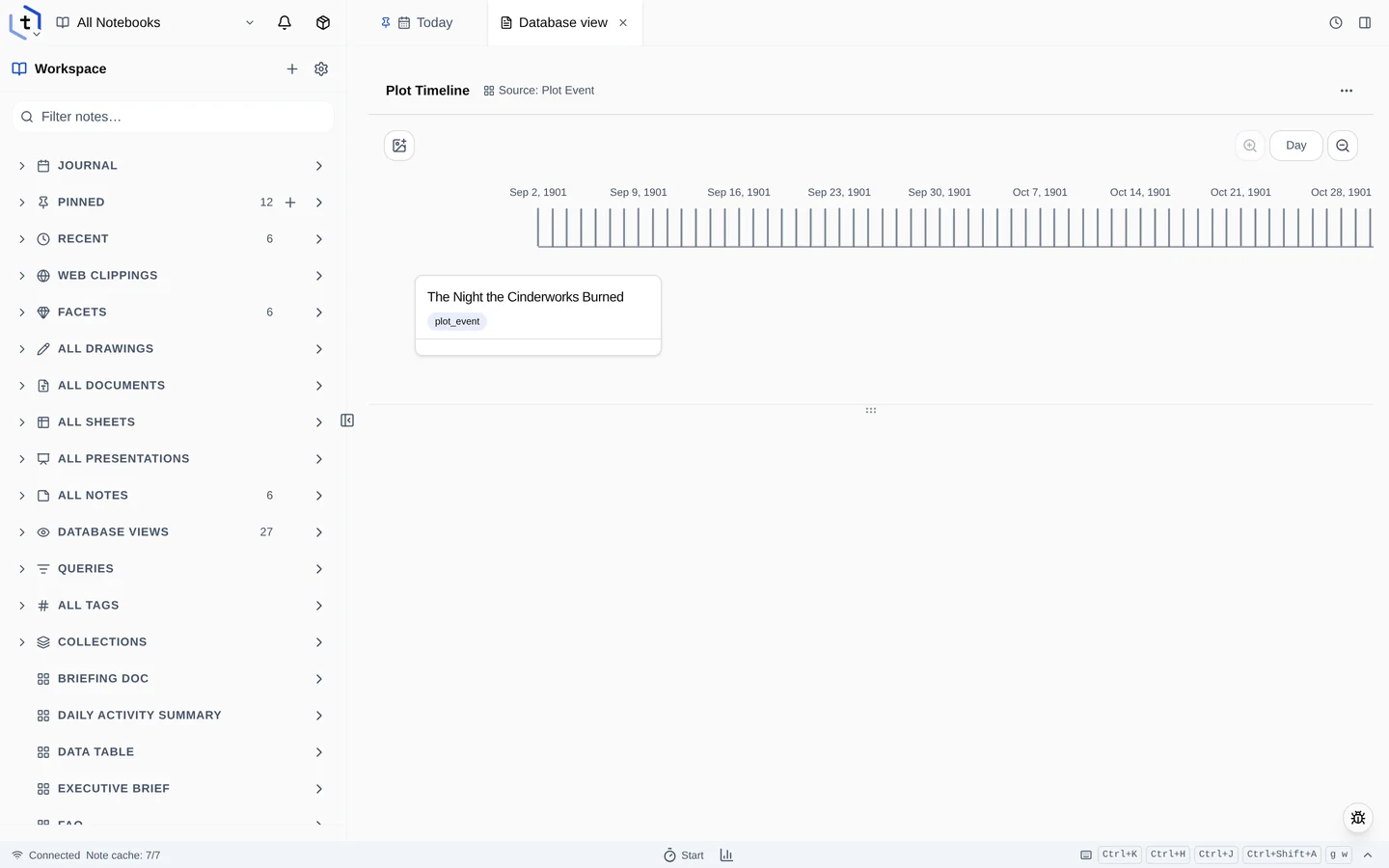 The Plot Timeline laying story beats out horizontally in story time.